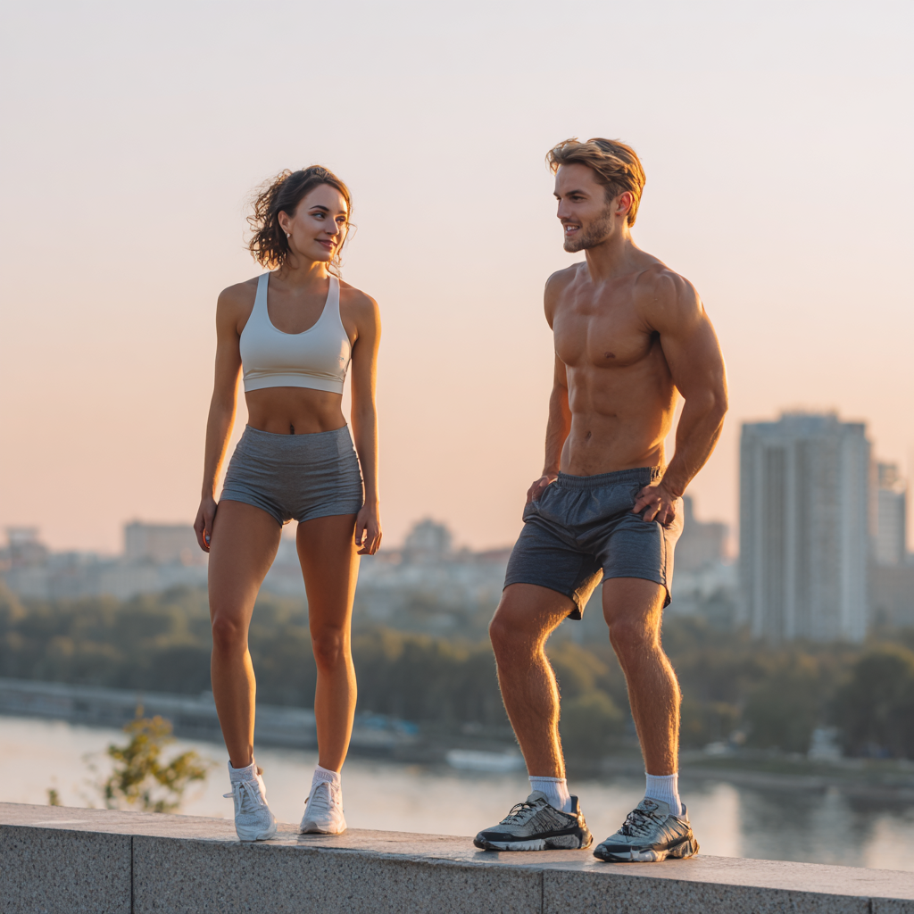 Donna che pratica yoga mattutino al tramonto con energia e serenità